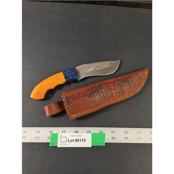 Handmade 500 Layer Damascus Knife w/ Dyed Bone Handle, Blade- 4" Long