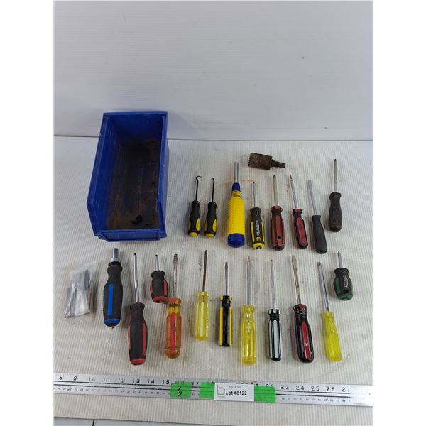 Screwdrivers, Pick Tools, Bit Drivers, Plastic Bin 5" x 11" x 5", Drill Bits