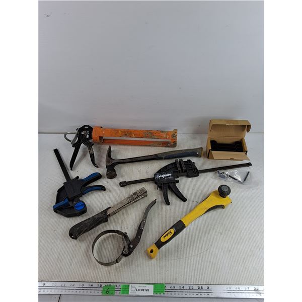 Hanging Kit, Mastercraft Hammer, Caulking Gun, Strap Wrench, 20" & 14" Bar Clamps, misc