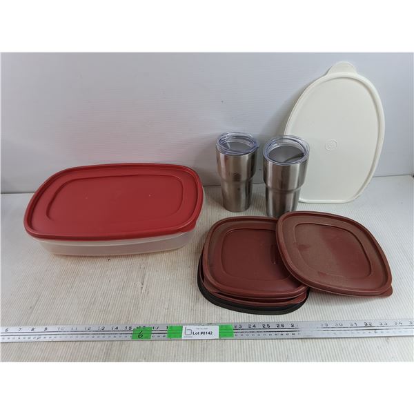 Plastic Storage Container 16" x 11" x 4", Plastic Lids, Insulated Cups