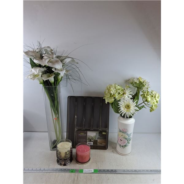 Artificial Flowers, Scented Candles, Non Slip Cultery Tray 16" x 12" x 3", Glass & Ceramic Vases