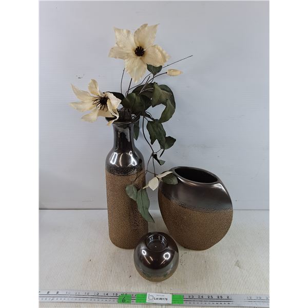 (2) Ceramic Vases 17" x 11", Artificial Flowers, Tea Candle Holder