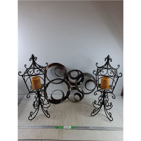 (2) Wrought Iron Candle Lantern Pair 24", Scrollwork Wall Accent 23" x 17" - PICK UP