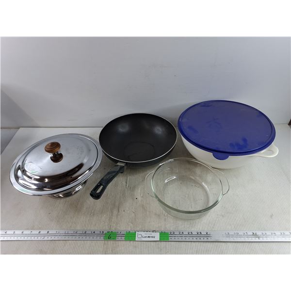 Footed 12" Bowl w/Lid, Fire King Glass Bowl, Tupperware 13" Bowl, Wok Pan
