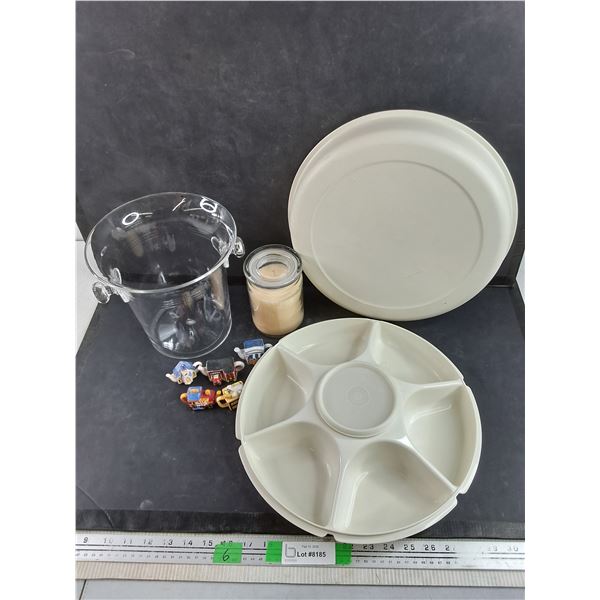 Plastic Bucket, Ceramic Tea Ornaments, Tupperware Chip and Dip Tray, Scented Candle
