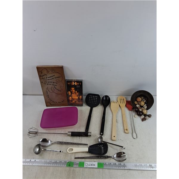 Ladle, Whisk, Spatulas, Plastic Container, Wall Decor, The Mummy Returns VHS, Misc