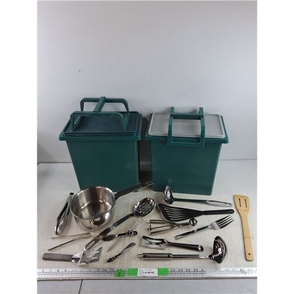 7" Stock Pot, Ice Cream Scoop, Tongs, Spatulas, Ladle, (2) Tupperware Containers 13" x 12" x 7"