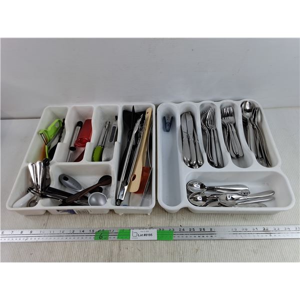 Plastic Cutlery Trays 13" x 15" x 2", Tongs, Cutlery, Potato Peeler, Spatulas, Misc