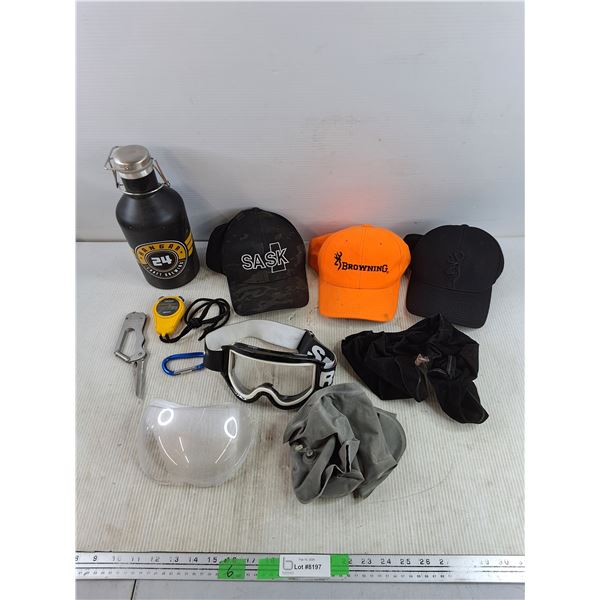 Hangar 24 Metal Bottle, Caps, RadioShack Stop Watch, Skiing Goggles, Neck Pillows, Misc