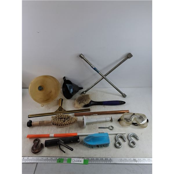 Funnels, Squeegee, Lug Wrench, Hooks, Safety Goggles, Brushes, Misc - PICK UP
