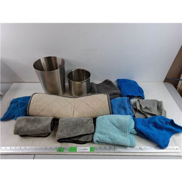 (9) Microfiber Cloths, (2) Metal Buckets, Floor Mat 29" x 20"