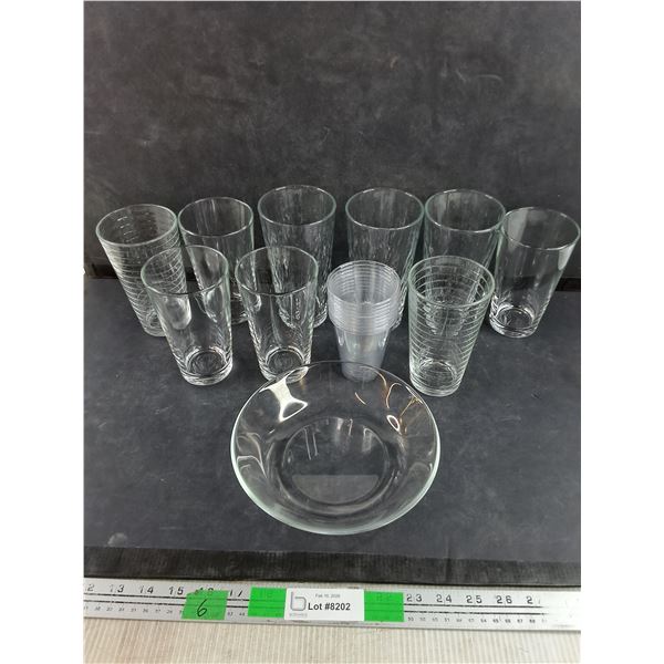 Glasses, Plastic Cups, 8" Glass Bowl