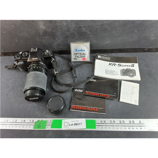 Ricoh KR-5 Super II Film Camera, Vivitar Lens, Kenko Optical Filter, Misc, As Is