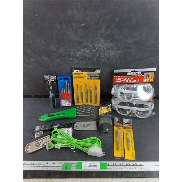 9mm Nut Driver, Extension Cord, Brico Safety Glasses, Spiral Screw Extractor, Tweezer Set, Misc