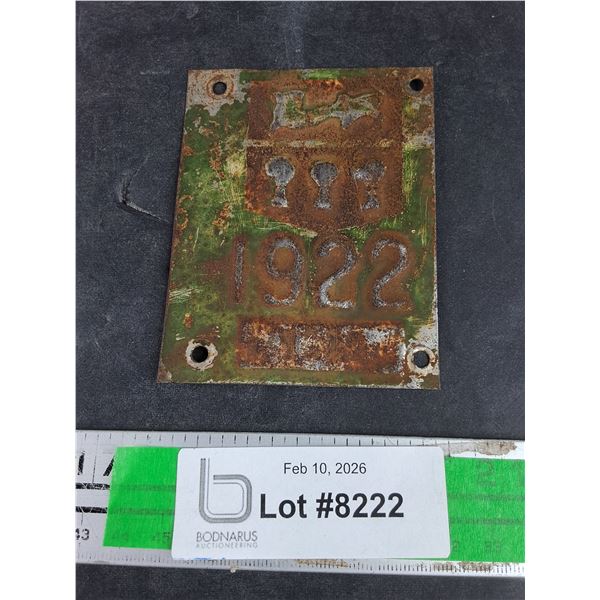 Antique Collectible 1922 License Plate Tag
