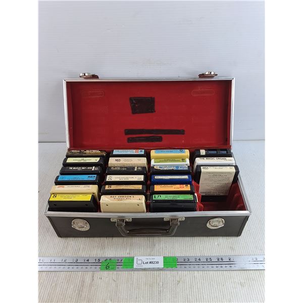 Assorted 8 Track Cassettes - Bee Gees, The Carpenters, The Beatles, Cassette Case 6" x 17" x 7 1/2"