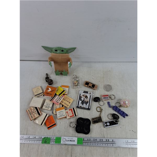Yoda Phone Holder, Keychains, Matches, Hockey Cards,  1" Furniture Wheel, Centennial Dollar Coin