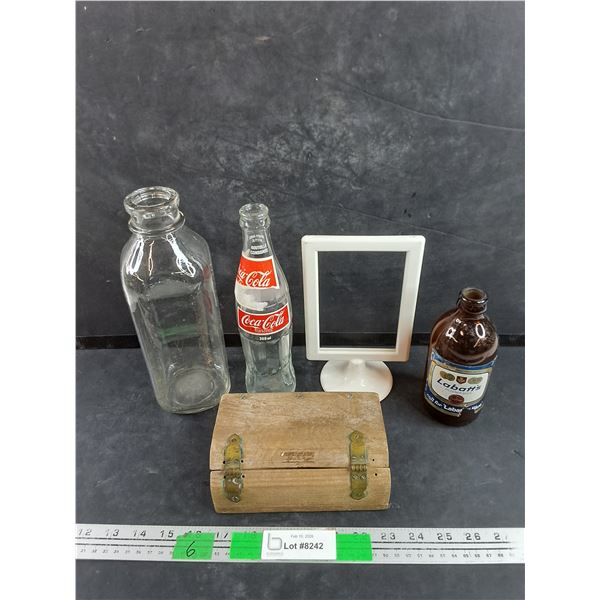 Vintage Glass Bottles, Wooden Butter Mold, Footed Picture Frame 7" x 5"