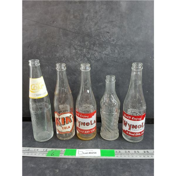 (5) Vintage Glass Bottles - KIK Cola, Diet Coke, Wynola