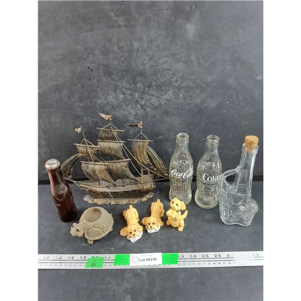 Metal Vessel Decor, Turtle Tea Candle Holder, Puppy Ornaments, Vintage Glass Bottles - PICK UP