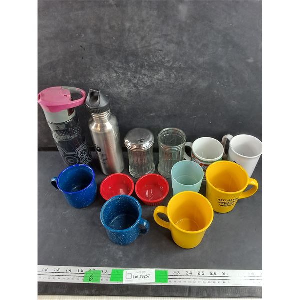 Water Bottles, Ceramic & Enamel Mugs, Sugar Bottle, Misc
