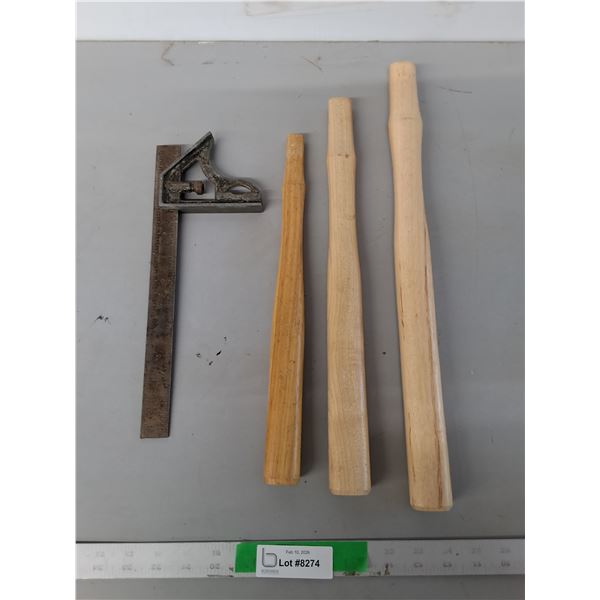 (3) Wooden Hammer Handles Up to 18" & Combination Square
