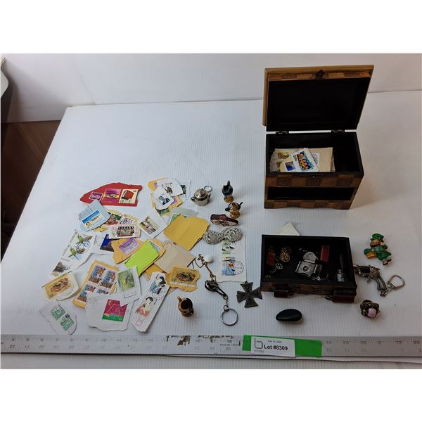 Wooden Storage Box 7" x 4.25" x 5.5" & Miscellaneous Stamps, Jewelry, Keychains