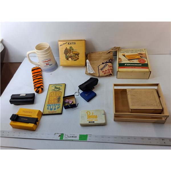Labatt's Beer Stein, Filtromat Cigarette Maker, Key Box, Misc.
