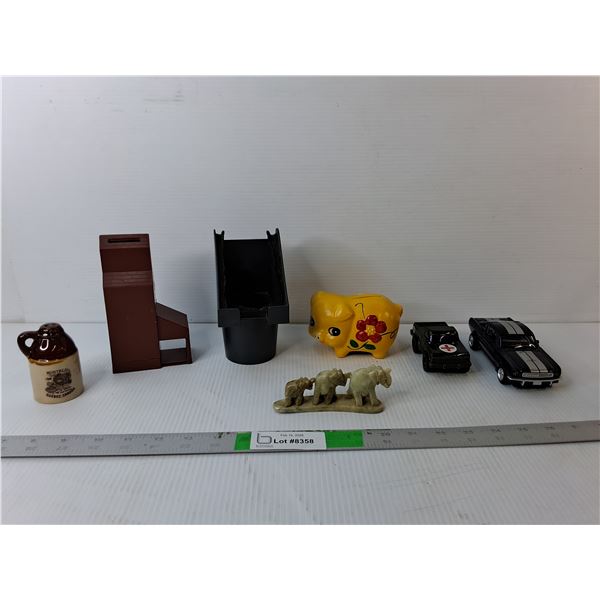 Coinbanks, Stone Elephant Figurine, Die Cast Cars, Misc.