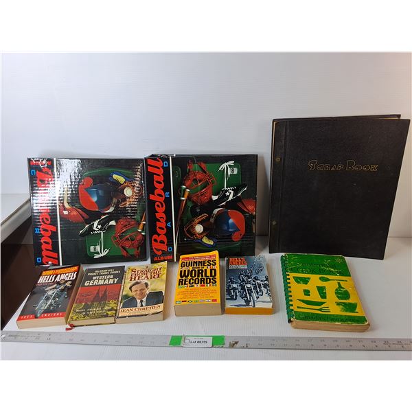(2) Baseball Binders, Books- Jean Chretien, Hell's Angels, Misc. Scrapbook with Recipes