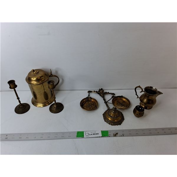 Brass Lot- Candleholders, Scale, Creamer, Misc. As Is