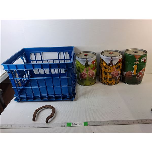 Plastic Crate, Metal Horseshoe & (3) Beer Kegs- PICK UP