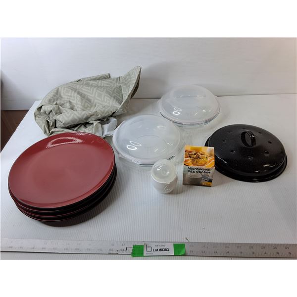 (4) Dinner Plates, Round Tablecloth, Microwave Egg Cooker, Misc.