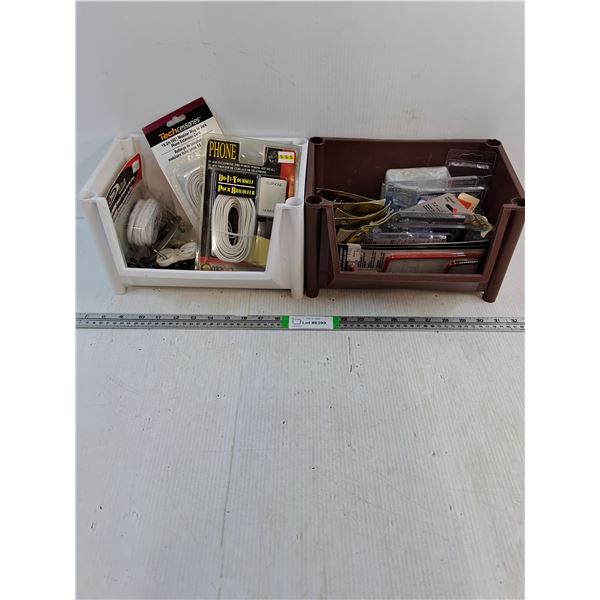 (2) Containers with Phone Accessories and Assorted Ceiling Hooks