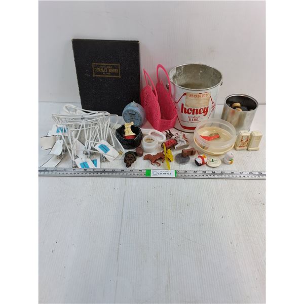 Lot of Assorted Trinkets,Plastic Toys,Honey Tin,Binder,Checkers/Crokinole Pieces