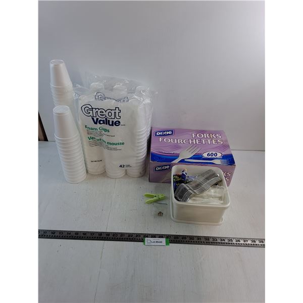 Styrofoam Cups - Some Sealed, Plastic Cutlery, Misc.
