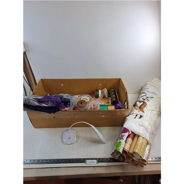 Large Quantity of Gift Wrap, Ribbons, Crepe Paper, Reading Light - PICK UP ONLY