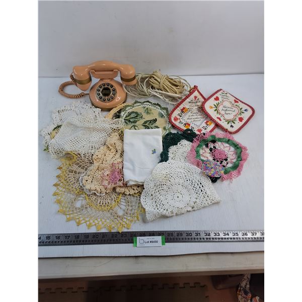 Vintage "Hollywood" Rotary Telephone, Phone Cords, Assorted Doilies & Pot Holders