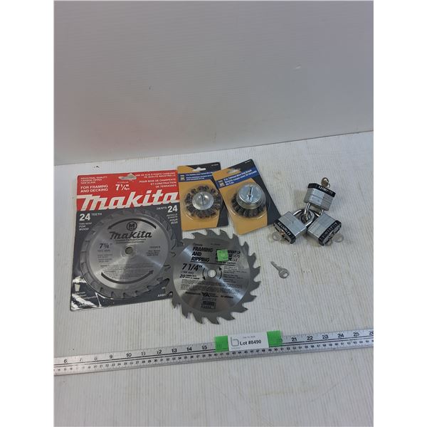 (2) Saw Blades Up To 7 1/4", 3" Twisted Wire Cup Brush, And Wheel Brush, (3) Keyed Padlocks