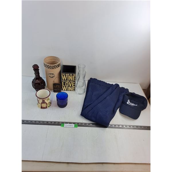 Wine Ice Bucket, Decanters, Glasses, Round Table Cloth 64" Diameter, Misc.