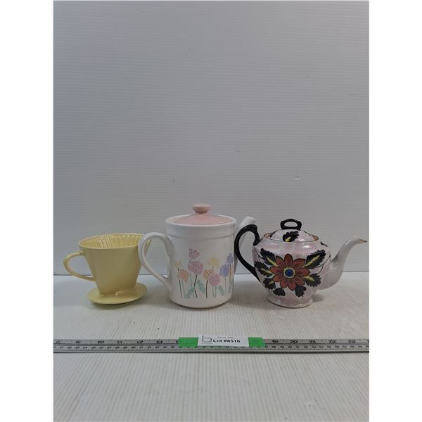 (2) Ceramic Teapots And Vintage Melitta Ceramic Pour-Over Coffee Filter