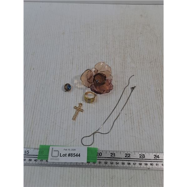 Necklace w/Cross Pendant, Decorative Flower, Size 10 Gold Colored Ring, Chain (Broken)