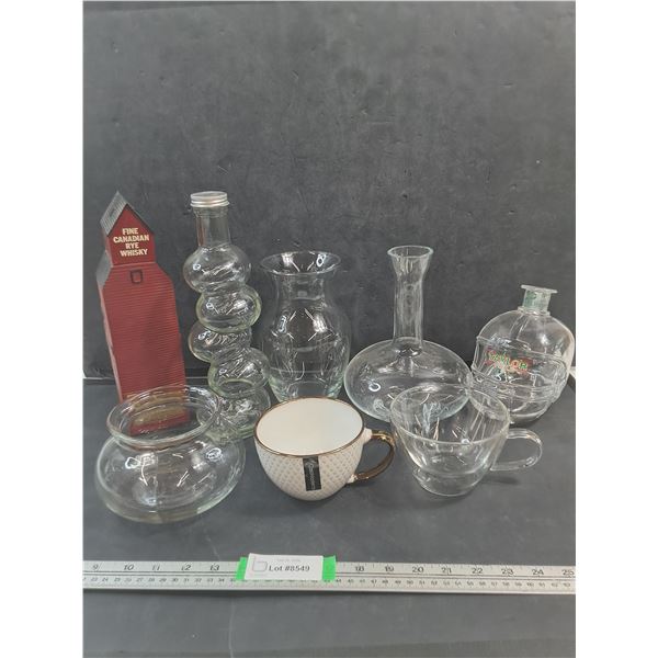 Mostly Glassware- (2) Vases, Taylor Field Liquor Bottle,Cup, Bowl, Fine Canadian Rye Whiskey Decorat