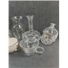 Image 3 : Mostly Glassware- (2) Vases, Taylor Field Liquor Bottle,Cup, Bowl, Fine Canadian Rye Whiskey Decorat
