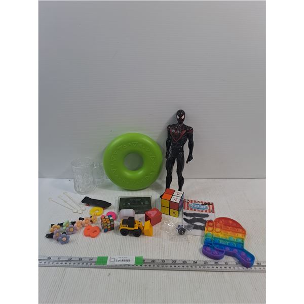 Kids Toys- Rubik's Cubes, Hair Clips, Among Us Pop It, Spider-Man Figurine, Stick On Mustache Set,