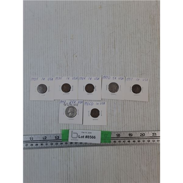 Mostly American 1 Cent Corns- 1930s, 1943 25 Cents 90% Silver