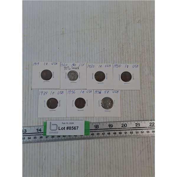 Mostly American 1 Cent Coins- 1919- 1930s Range, 5 Cent 1936, 10 Cent 90% Silver 1920