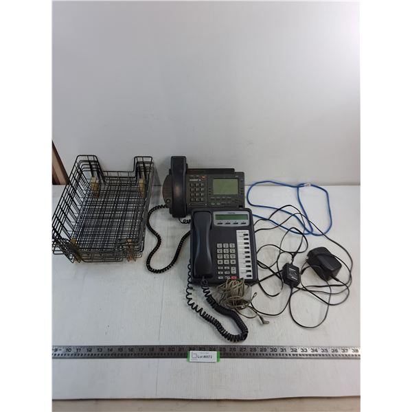 (2) Land Line Office Telephones - Untested, As is, (6) Metal Wire Organizer Trays