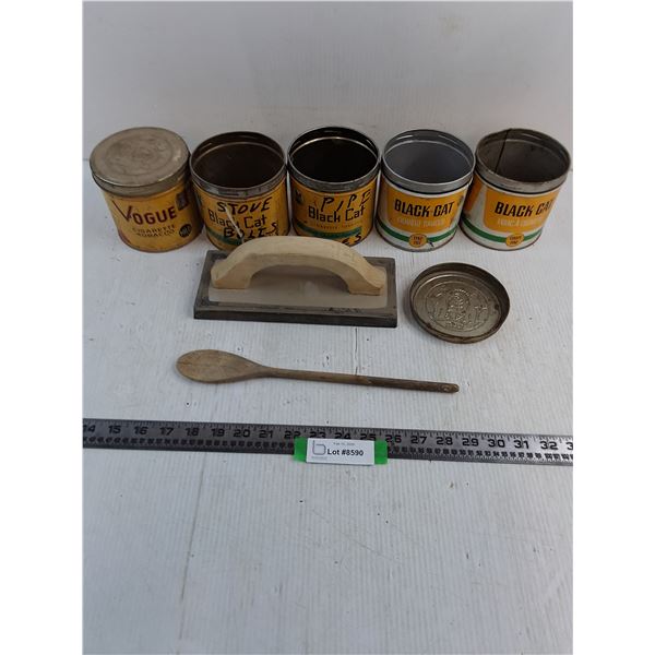 (5) Vintage Tobacco Tins, Wood Sander, Wooden Spoon
