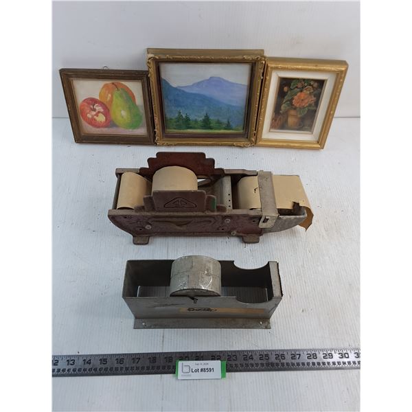 Vintage Lot - (3) Small Framed Pictures, (2) Tape Dispensers